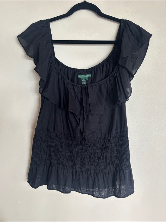 Lauren Ralph Lauren Tops - Lauren Ralph Lauren Black Ruffle-Trim Tie Front Top